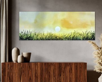 Aquarel zonsondergang over een grasveld