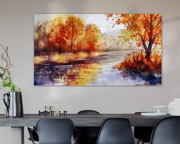 Herfstlandschap met heldere kleuren en rivier van Frank Heinz