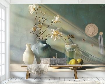 Still life with blossom branch and fruit by Vlindertuin-Art