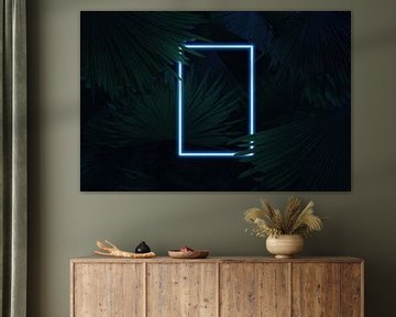 Neon-verlicht vierkant frame met palmbladeren van Besa Art