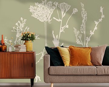 Zomerbloemen en grassen in wit en salie IV van Dina Dankers