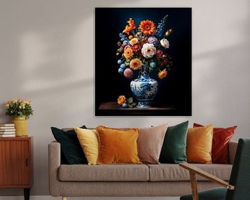 Slanke Delfts Blauwe Vaas met Bloemen van Studio Ypie