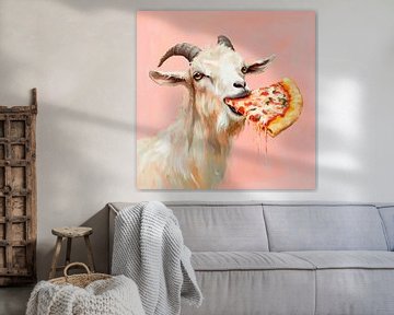 Geit met pizza in zijn bek van Poster Art Shop