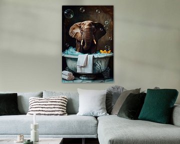 Olifant in bad met zeepbellen van Poster Art Shop