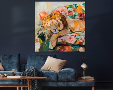 Lion relaxing on a colourful sofa by Poster Art Shop