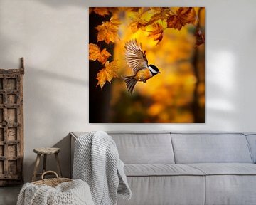 Vliegende vogel in herfstbladeren van Poster Art Shop