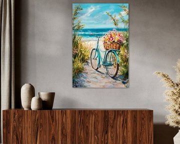Fiets op het strand met bloemenmand van Poster Art Shop