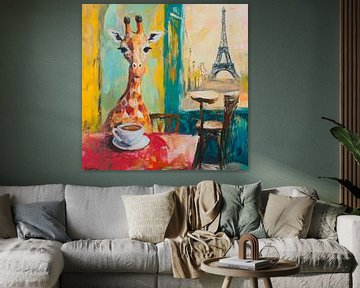 Giraffe in café met Eiffeltoren van Poster Art Shop