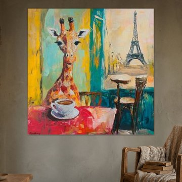 Girafe dans un café avec la Tour Eiffel sur Poster Art Shop