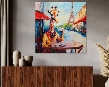 Giraffe met koffie in Parijs van Poster Art Shop