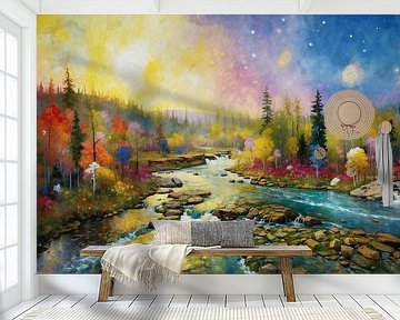 Zweeds Landschap Schilderij Rivier in Scandinavische Wildernis van Arjen Roos