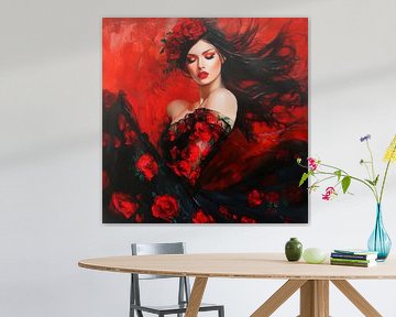 Flamenco danseres met rozen in zwart en rood van Lauri Creates