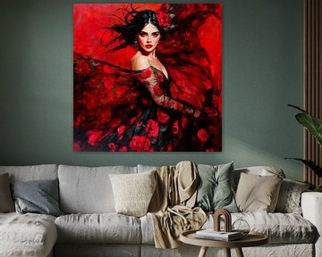 Sensuele flamenco danseres in rozenjurk met zwart en rood van Lauri Creates