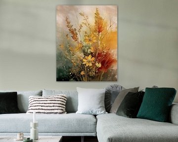 Gouden herfst schilderij: Bloemen en grassen van Studio Pieternel