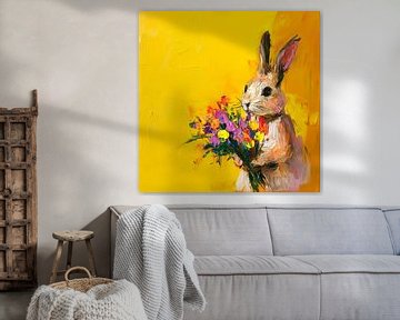 Konijntje met bloemen tegen een gele achtergrond van Poster Art Shop