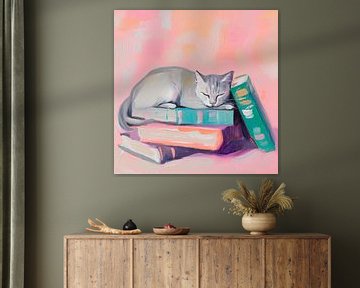 Kat slaapt op boeken van Poster Art Shop