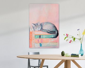Kat slaapt op een stapel boeken van Poster Art Shop