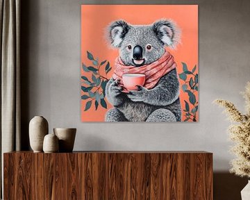 Koala with cup on orange background by Poster Art Shop