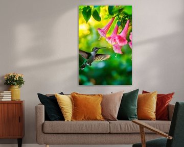 Kolibrie zweeft voor roze bloemen van Poster Art Shop