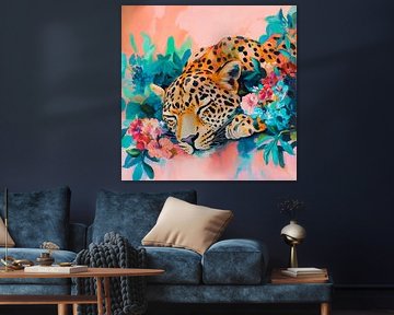 Leopard im Blütenmeer entspannend von Poster Art Shop
