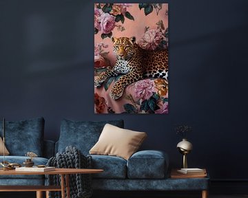 Luipaard voor een gebloemde achtergrond van Poster Art Shop