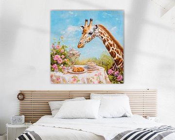 Grappige giraffe genietend van thee van Poster Art Shop