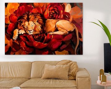 Leeuw op bloeiende rozen van Poster Art Shop