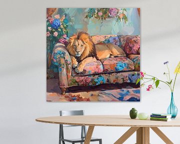 Lion relaxing on a flowery sofa by Poster Art Shop