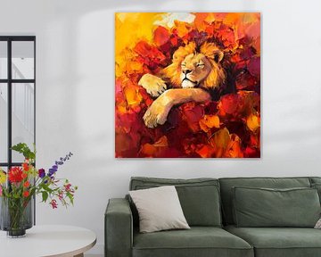 Lion in colourful autumn leaves by Poster Art Shop
