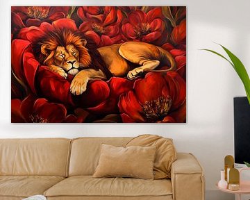 Lion dormant dans des fleurs rouges sur Poster Art Shop