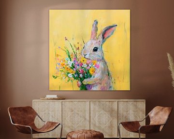 Lapin de Pâques avec fleurs multicolores sur Poster Art Shop