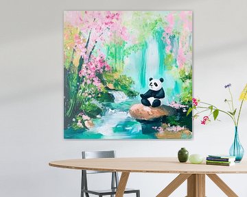 Panda in een bloeiende tuin van Poster Art Shop