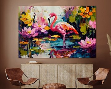 Pink flamingo in water with flowers by Poster Art Shop