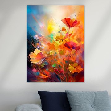 Modern abstract. Uitbundig Bloemenveld tijdens Gouden uur. van Studio Pieternel