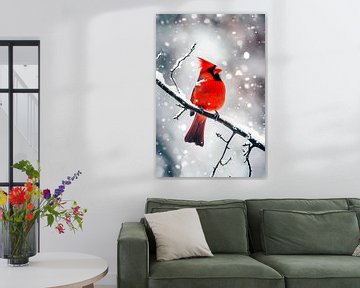 Rode vogel in het winterse bos van Poster Art Shop