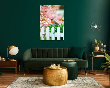 Roodborstje voor kersenbloesems van Poster Art Shop