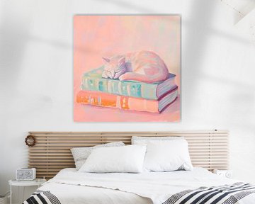 Slapende kat op een stapel boeken van Poster Art Shop