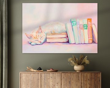 Sleeping cat next to books by Poster Art Shop