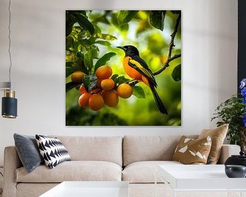 Mooie vogel op fruitboom van Poster Art Shop