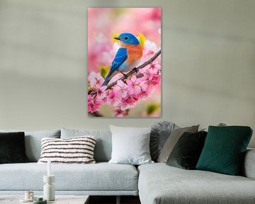 Prachtige vogel op een bloeiende tak van Poster Art Shop