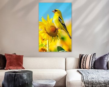Mooie gele vink op zonnebloem van Poster Art Shop