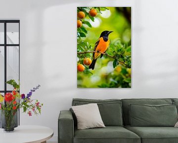 Zwart met gele vogel in het groen van Poster Art Shop