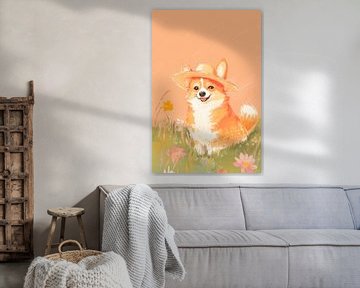 Schattige corgi met zonnehoed van Poster Art Shop