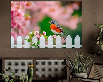 Vogel op hek voor bloemen van Poster Art Shop