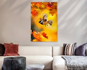 Vogel in herfstvlucht tussen bladeren van Poster Art Shop