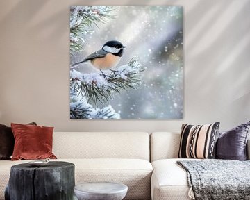 Vogel in de sneeuw op een dennenboom van Poster Art Shop