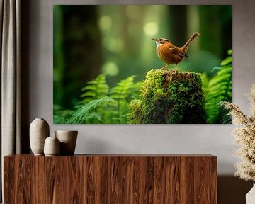 Bosvogel op boomstronk in de mist van Poster Art Shop