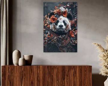 Herfstige Elegantie - Panda met Bloemenkrans van Eva Lee