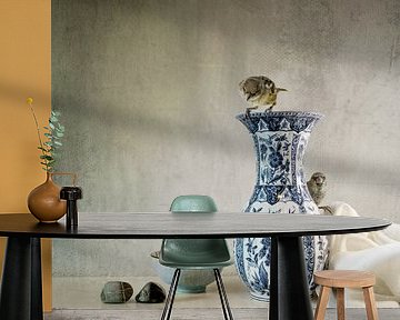 Still life. Delft Blue vase and sparrows. by Alie Ekkelenkamp