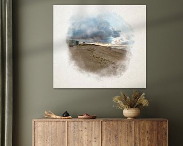 Leeg strand met herfst zonsondergang in waterverf